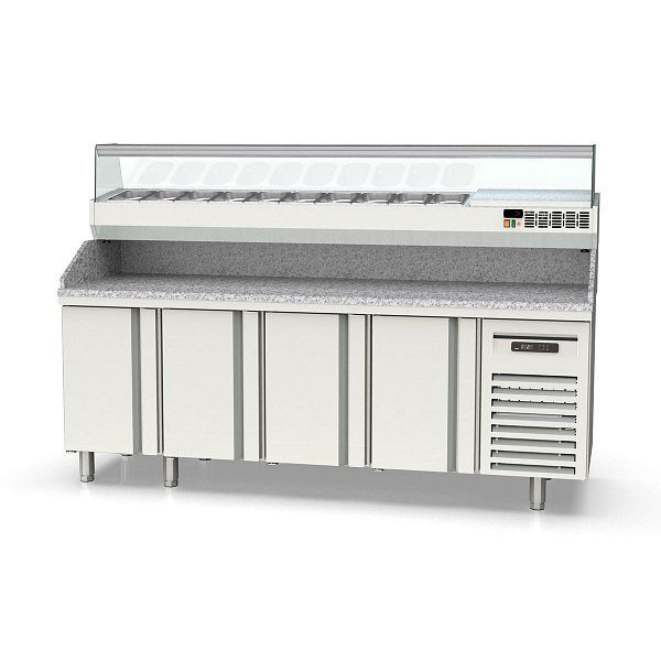 Vaiotec TOPLINE Pizzatisch 700 / 4-fach mit Türen, Granitplatte grau, inkl. Kühlaufsatz, GN 1/4, Breite: 2245 mm, 11628