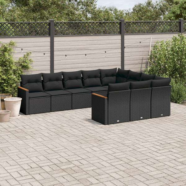 vidaXL 10-tlg. Garten-Sofagarnitur mit Kissen Schwarz Poly Rattan, 3258737