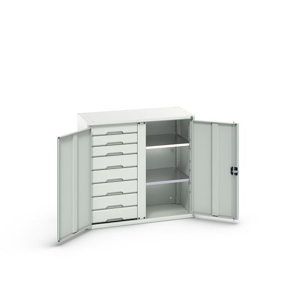 bott verso Flügeltürschrank mit Schubladen, mit 2 Fachböden und 8 Schubladen, 3x100mm/5x125mm, BxTxH: 1050x550x1000 mm, Lichtgrau/Lichtgrau, 16926558.16
