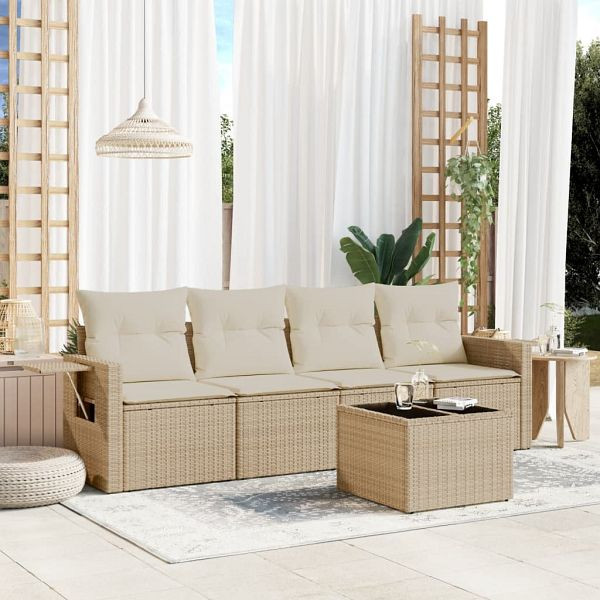 vidaXL 5-teilig Garten-Sofagarnitur mit Kissen Beige Poly Rattan, 3252225