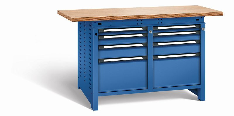 Otto Kind Werkbank Serie function Typ 216, Multiplexplatte 40 mm, überstehend, 2x Unterbau + Zentralverschluss, komplett RAL 5010, 072346213