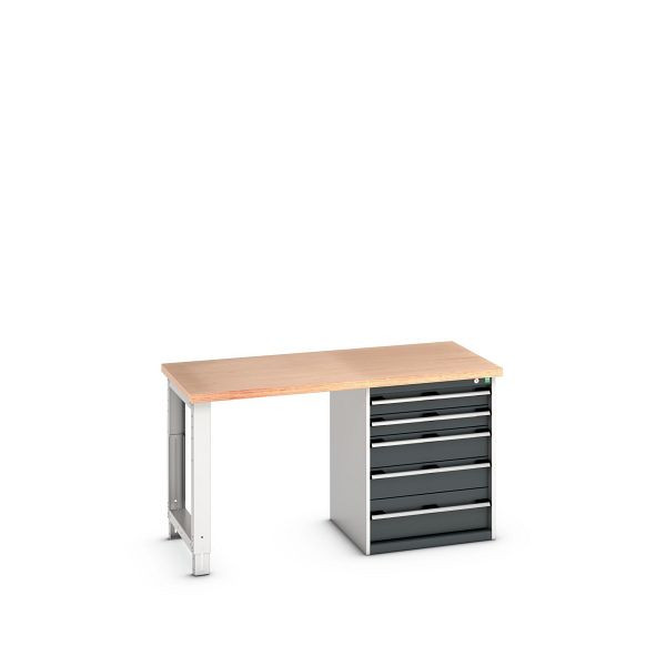 bott cubio Werkbank mit Schubladenschrank 5 Schubladen, Fuß, Multiplex-Platte, BxTxH: 1500x750x840mm, Multiplex RAL 7035/7016, 41003315.19V