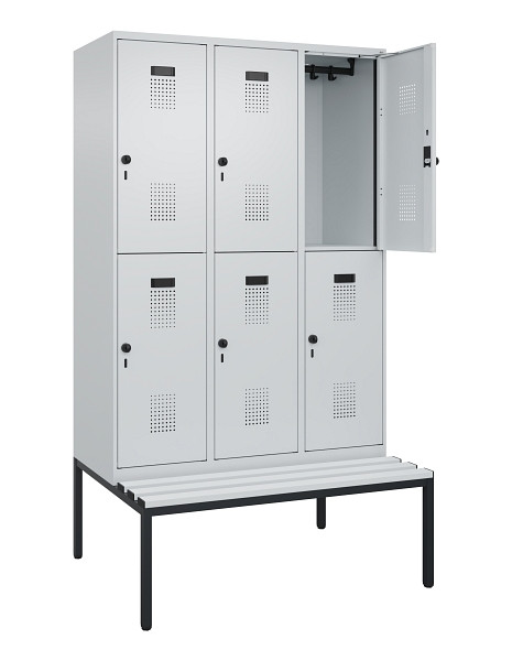C+P Doppelstock-Spind Evolo PLUS, Bank, 6 Fächer, 2120x1200x815mm, 7035/7035, Drehriegel, Sitzfläche Kunststoff, Sitzbank, 0493507-32 S10094