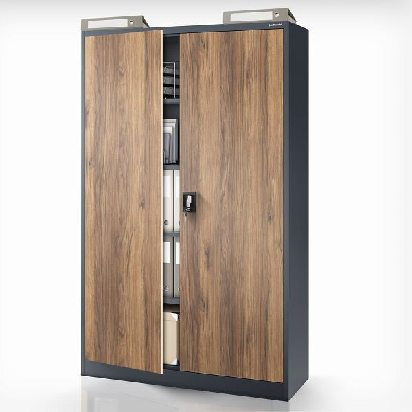 Jan Nowak Metall-Büroschrank für Dokumente JAN II, Eco Design: Anthrazit/Nussbaum, 1150 x 1850 x 400 mm, 1951