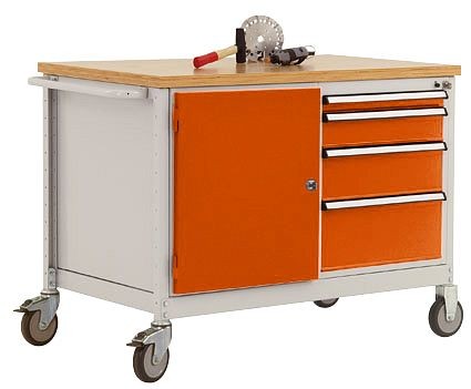 Manuflex Mobile Werkbank Modell 4 mit geölter Multiplex-Abdeckplatte 30 mm BxTxH 1135 x 590 x 810 mm, rotorange, TP1004.2001