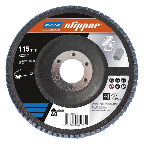 Norton Clipper Fächerschleifscheibe Ø115x22 mm K40, 66261118466