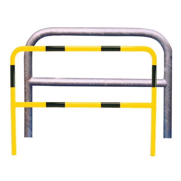 Stein HGS Anlehnbügel/Absperrbügel -Sylt-, 1200mm/1000mm, gelb beschichtet mit schwarzen Streifen, mit Querholm, Bügel: Ø 48 mm, 21939b-gsw