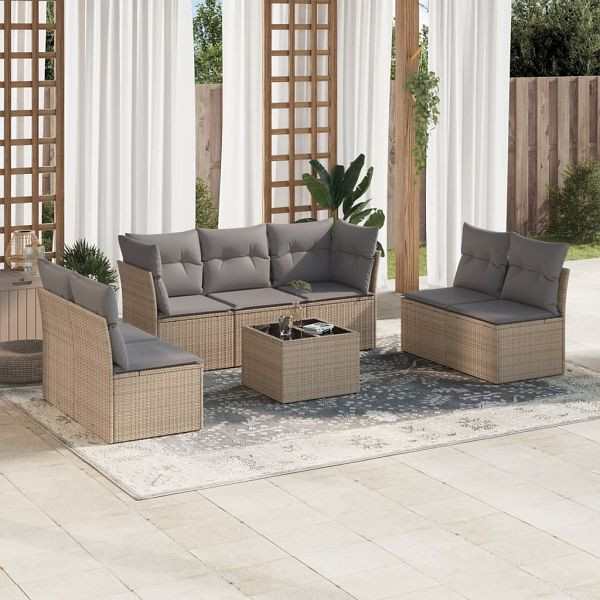 vidaXL 8-teilig Garten-Sofagarnitur mit Kissen Beige Poly Rattan, 3217419