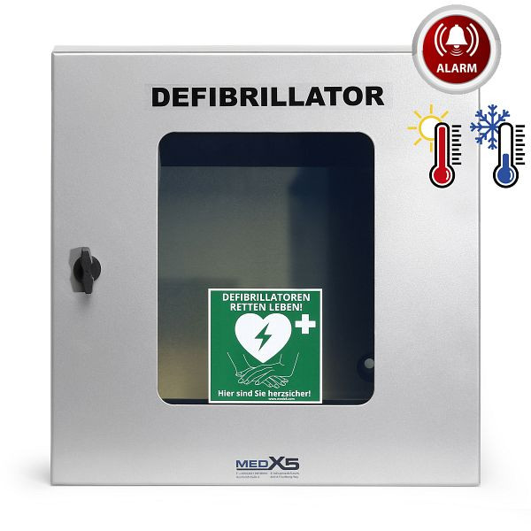 MedX5 Universal Defibrillator-Metall-Außenwandkasten grau, mit Alarmen, klimatisiert und Montagematerial, 1-52467