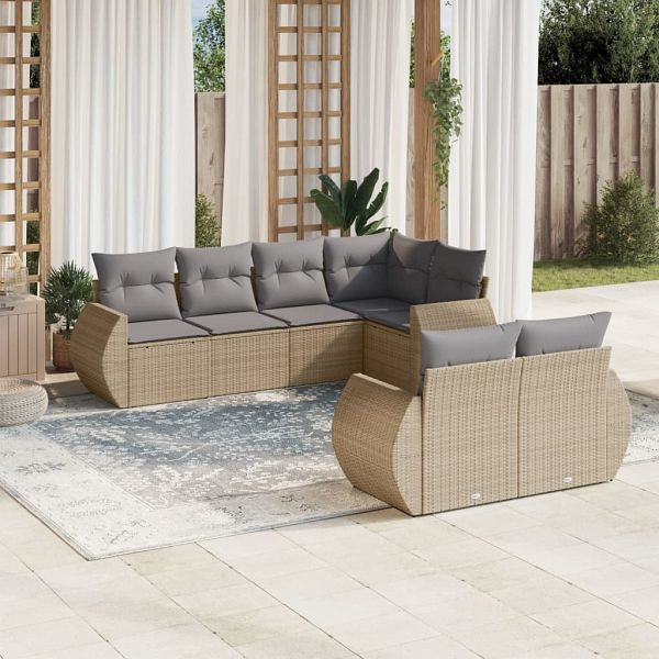vidaXL 7-teilig Garten-Sofagarnitur mit Kissen Beige Poly Rattan, 3253946