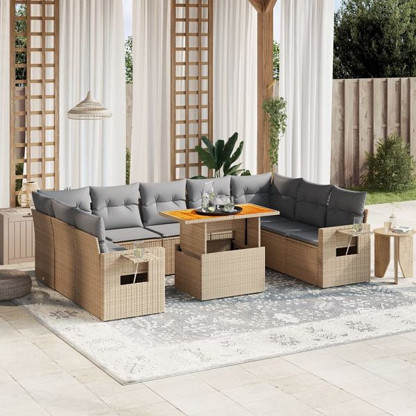 vidaXL 10-teilig Garten-Sofagarnitur mit Kissen Beige Poly Rattan, 3271899