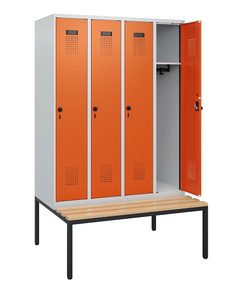C+P Spind Evolo PLUS, 4 Abteile, 1950x1200x815mm, 7035/2004, Drehriegel, Sitzfläche Buche-Hartholz, Sitzbank, 0490505-40 S10002
