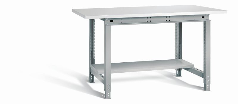 Otto Kind Werktisch allrounder, höhenverstellbar, Melamin-Platte 28 mm, überstehend, 2 Fußgestelle, Stahlblechboden, komplett RAL 9006, 072334096