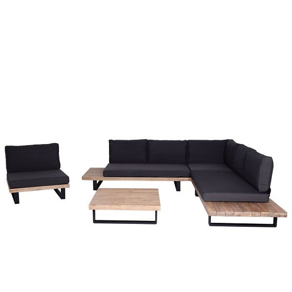 Mendler Garten-Garnitur mit Sessel HWC-H54, Lounge-Set Sofa, Spun Poly Akazie Holz FSC® Aluminium, hellbraun, Polster dunkelgrau, 73642+73643+98522+101470