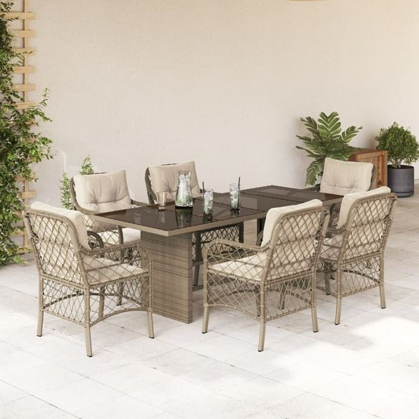 vidaXL 7-teilig Garten-Essgruppe mit Kissen Beige Poly Rattan, 3212062