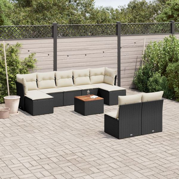 vidaXL 10-teilig Garten-Sofagarnitur mit Kissen Schwarz Poly Rattan, 3223858