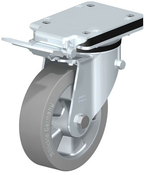 Blickle LK-ALEV 160K-IS-SG Stahlblech-Lenkrolle, schwere Ausführung, mit Anschraubplatte & Feststeller, Elastik-Vollgummi, Grau, 703645