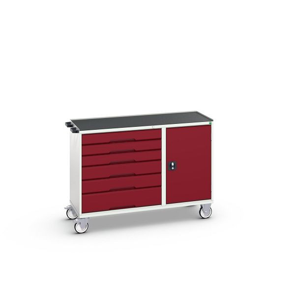 bott verso Montagewagen, mit 6 Schubladen, Tür und Abrollrand, BxTxH: 1300 x 550 x 965 mm, Lichtgrau / Purpurrot, 16927155.24