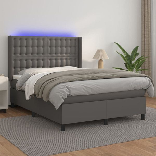 vidaXL Boxspringbett mit Matratze & LED Grau 140x200 cm Kunstleder, 3139389