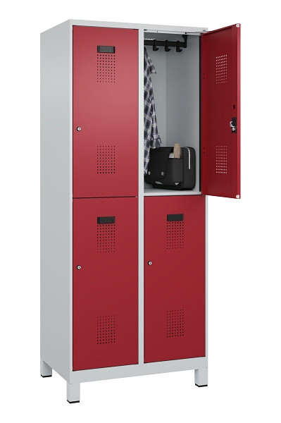 C+P Doppelstöckiger Spind Evolo PLUS, mit Füßen, 4 Fächer, 1950x800x500mm, 7035, Frontfarbe RAL 3003 Rubinrot, Zylinderschloss, 049310-22 S10031