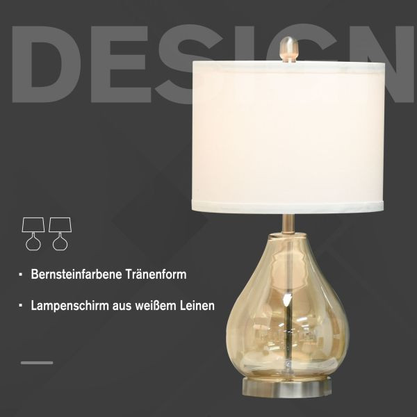 HOMCOM 2-Set Tischlampen Tischleuchten E27-Fassung Nachttischlampe 40 W Glas Leinen Stahl Bernstein Ø30 x 56H cm, B31-251