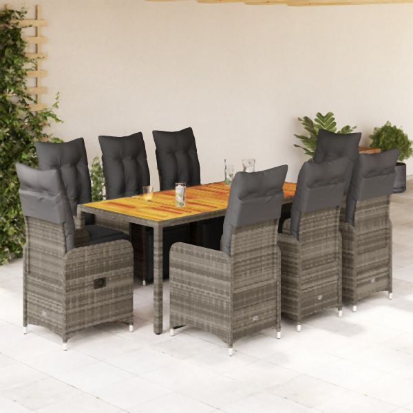 vidaXL 9-tlg. Garten-Bistro-Set mit Kissen Grau Poly Rattan, 3277162