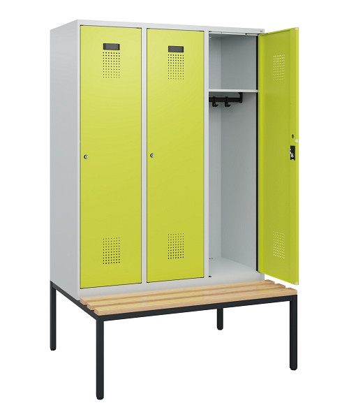C+P Spind Evolo PLUS, 3 Abteile, 1950x1200x815mm, 7035/0024, Zylinderschloss, Sitzfläche Buche-Hartholz, Sitzbank, 0490505-32 S10042