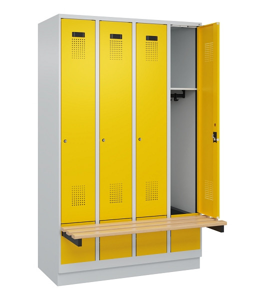 C+P Spind Evolo PLUS, 4 Abteile, 1950x1200x815mm, 7035/1023, Zylinderschloss, Sitzfläche Holz, mit Sockel, 049040-40 S10028