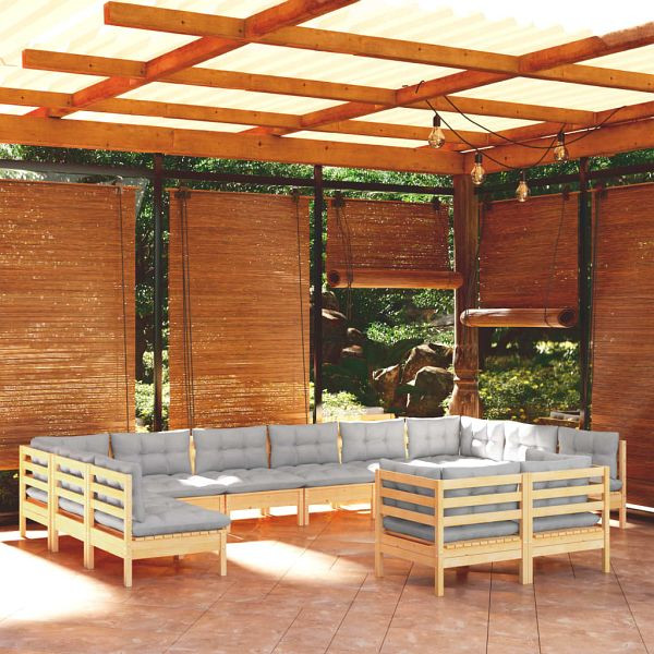 vidaXL 11-teilig Garten-Lounge-Set mit Grauen Kissen Kiefer Massivholz, 3097210