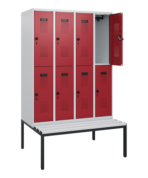 C+P Doppelstöckiger Spind Evolo PLUS, Bank, 8 Fächer, 1950x1200x815mm, 7035/3003, Drehriegel, Sitzfläche Kunststoff, Sitzbank, 0493505-40 S10089