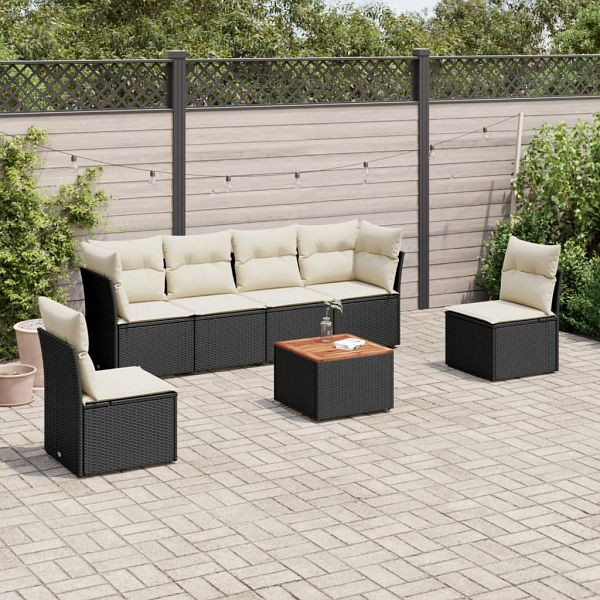 vidaXL 7-teilig Garten-Sofagarnitur mit Kissen Schwarz Poly Rattan, 3223550