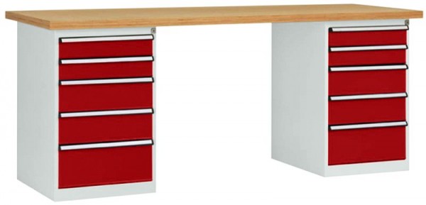 Manuflex Werkbanksystem COMBI, 2 Gehäuse Modell 2 mit massiver Bucheplatte, BxTxH = 2000 x 700 x 840 mm, Rubinrot, WC5113.3003