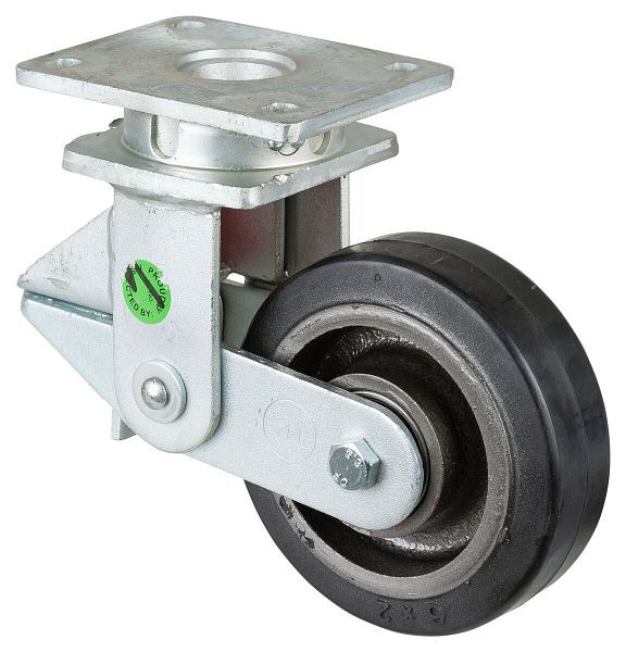 BS Rollen Gefederte Schwerlastrolle, Rad-Breite 50 mm, Rad-Ø 150 mm, Tragfähigkeit 350 kg, Elastik-Reifen schwarz, Radkörper Guss, Kugellager, T100.B81.150