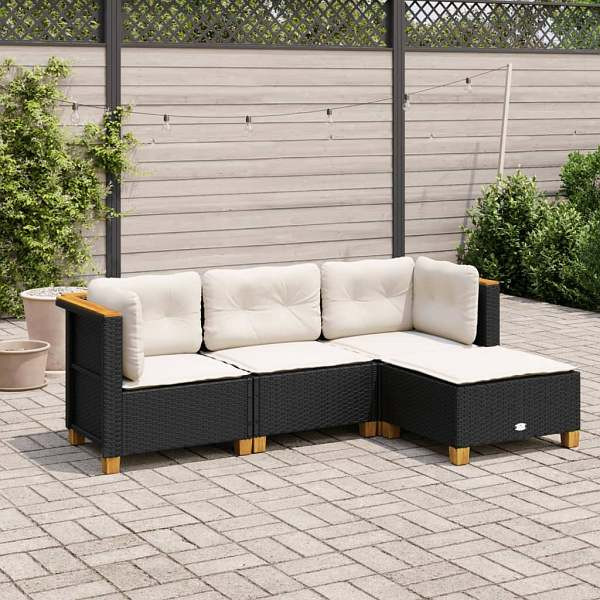 vidaXL 4-tlg. Garten-Sofagarnitur mit Kissen Schwarz Poly Rattan, UV-beständig, 3261779