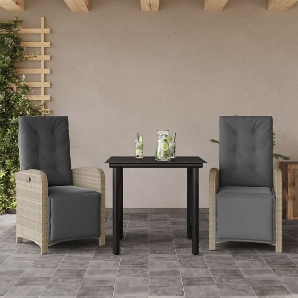 vidaXL 3-tlg. Bistro-Set mit Kissen Hellgrau Poly Rattan, 3212605
