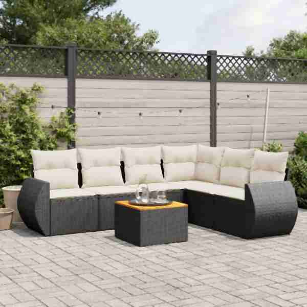 vidaXL 7-tlg. Garten-Sofagarnitur mit Kissen Schwarz Poly Rattan, UV-beständig, 3257351