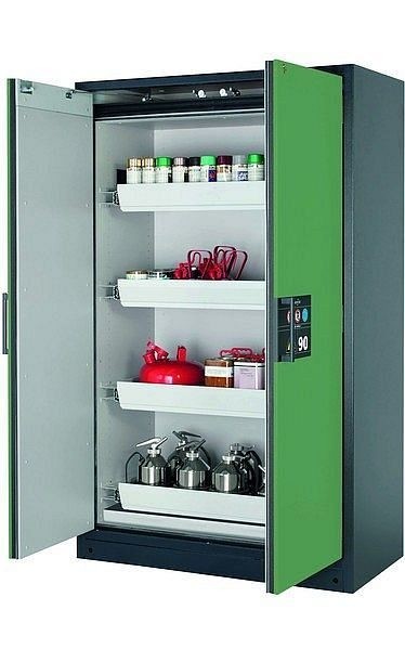 asecos Sicherheitsschrank Q-CLASSIC-90, Q90.195.120 in resedagrün RAL 6011 mit 4x Auszugswanne Standard (Stahlblech), 30001-048-30015