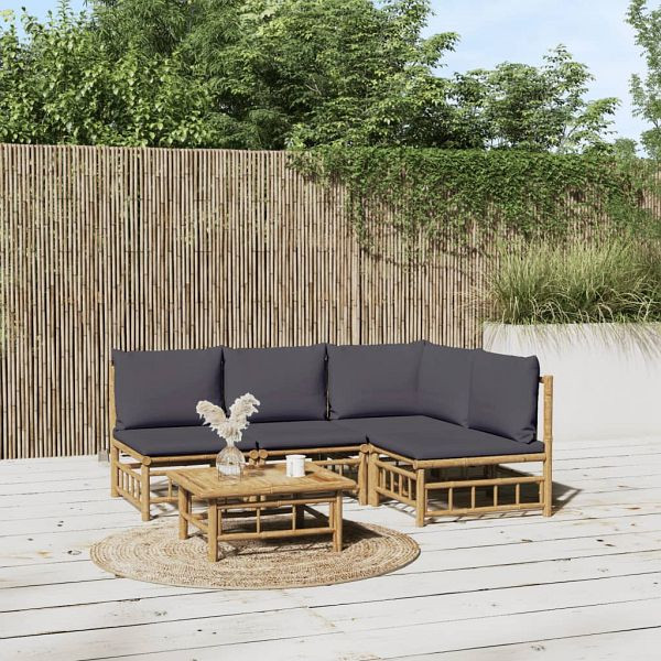 vidaXL 5-teilig Garten-Lounge-Set mit Dunkelgrauen Kissen Bambus, 3155234