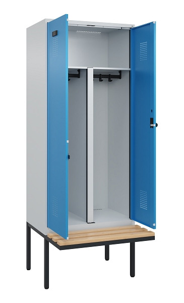 C+P PSA Doppel-Spind Evolo PLUS, Bank, 2 Abteile, 2120x800x815mm, 7035/5012, Drehriegel, Sitzfläche Holz, 0490427-22P S10007