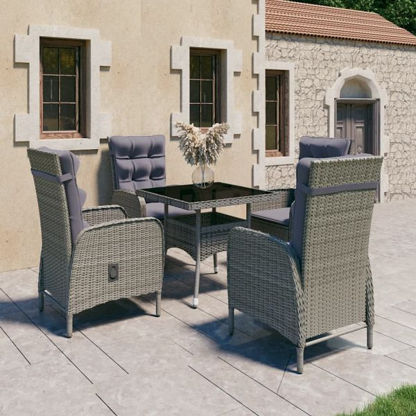 vidaXL 5-teilig Garten-Essgruppe Poly Rattan und Glas Grau, 3058524