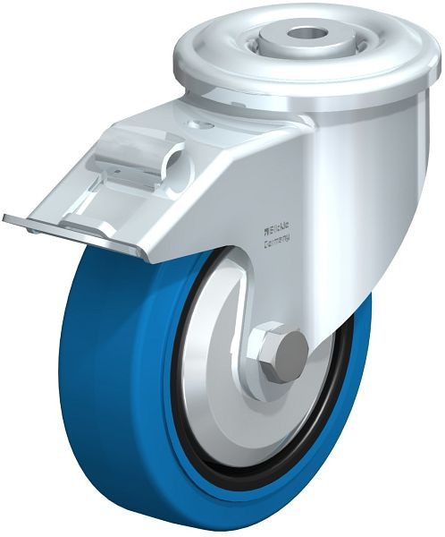 Blickle LKR-POEV 125K-FI-SB-FA Stahlblech-Lenkrolle, schwere Ausführung, mit Rückenloch & Feststeller, Elastik-Vollgummi, Blau, 851547