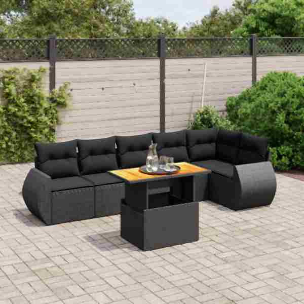 vidaXL 7-tlg. Garten-Sofagarnitur mit Kissen Schwarz Poly Rattan, UV-beständig, 3272203