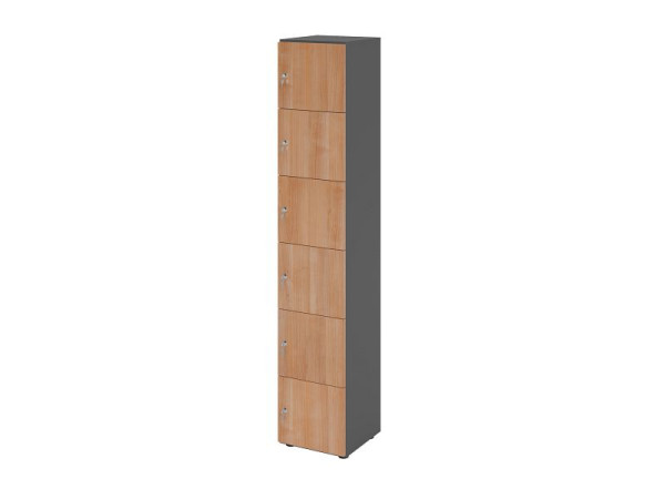 Hammerbacher Schließfachschrank schmal 6OH, 6 Türen mit Schloss, Korpus: Graphit, Türen: Nussbaum, 40 x 40 x 215,6 cm (BxTxH), V264L6/G/N/DS