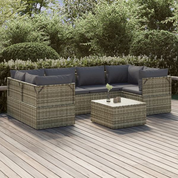 vidaXL 7-teilig Garten-Lounge-Set mit Kissen Grau Poly Rattan, 3157334