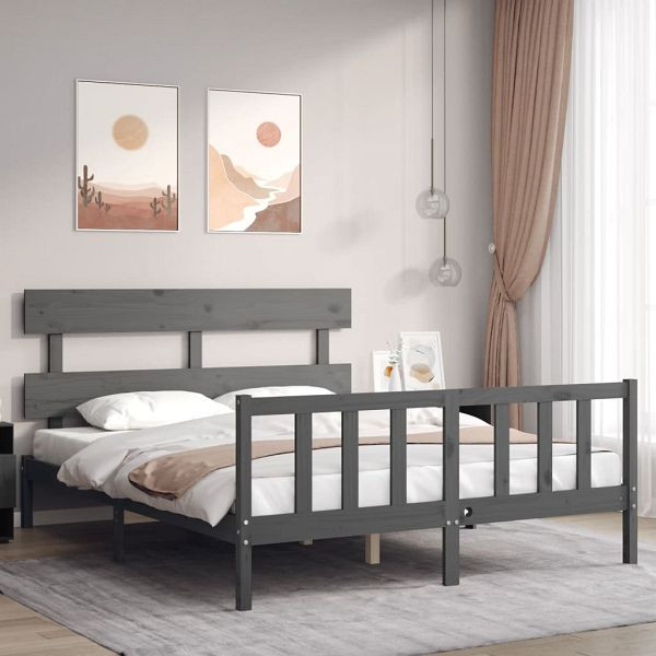 vidaXL Massivholzbett mit Kopfteil Grau, Top-Qualität, 3193278