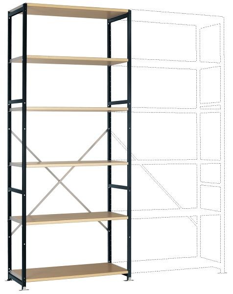 Manuflex Mittelschweres Fachboden-Steckregal Grundregal mit 6 Holzverbundböden, HxBxT = 2500 x 1030 x 500 mm, anthrazit, RP1307.7016
