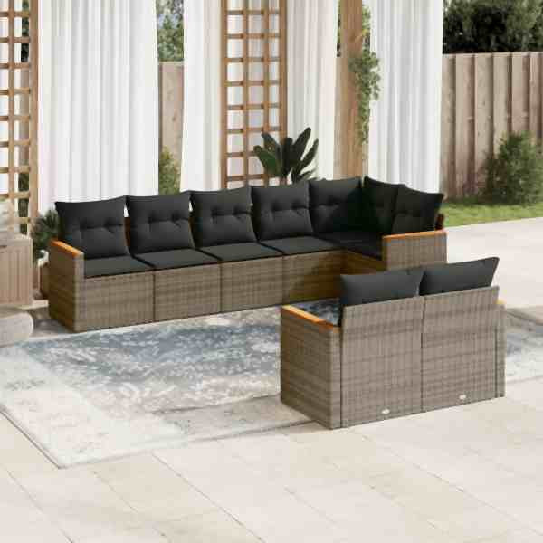 vidaXL 8-tlg. Garten-Sofagarnitur mit Kissen Grau Poly Rattan, UV-beständig, 3258553