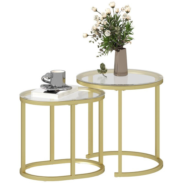 HOMCOM 2er-Set Couchtisch, Ovaler und runder Kaffeetisch, stapelbar, Marmoroptik, MDF, Metall, 839-374V01CR