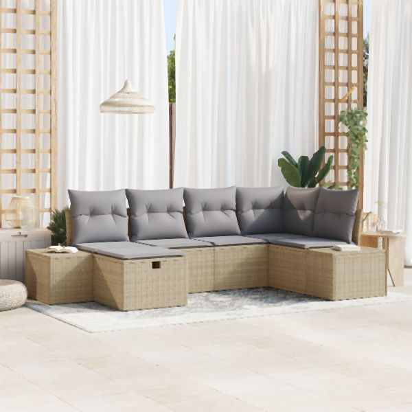 vidaXL 6-teiliges Garten Sofa Set mit Kissen Beige Poly Rattan, 3359379