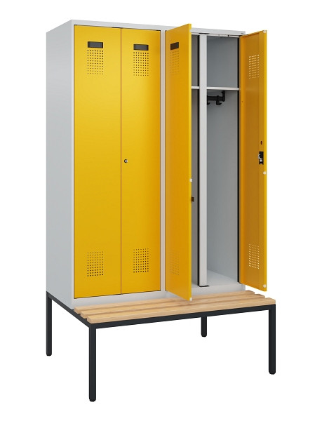 C+P Schwarz-Weiß-Spind Evolo PLUS, Bank, 4 Abteile, 2120x1200x815mm, 7035/1004, Zylinderschloss, Sitzfläche Buche-Hartholz, Sitzbank, 0490527-40 S10027